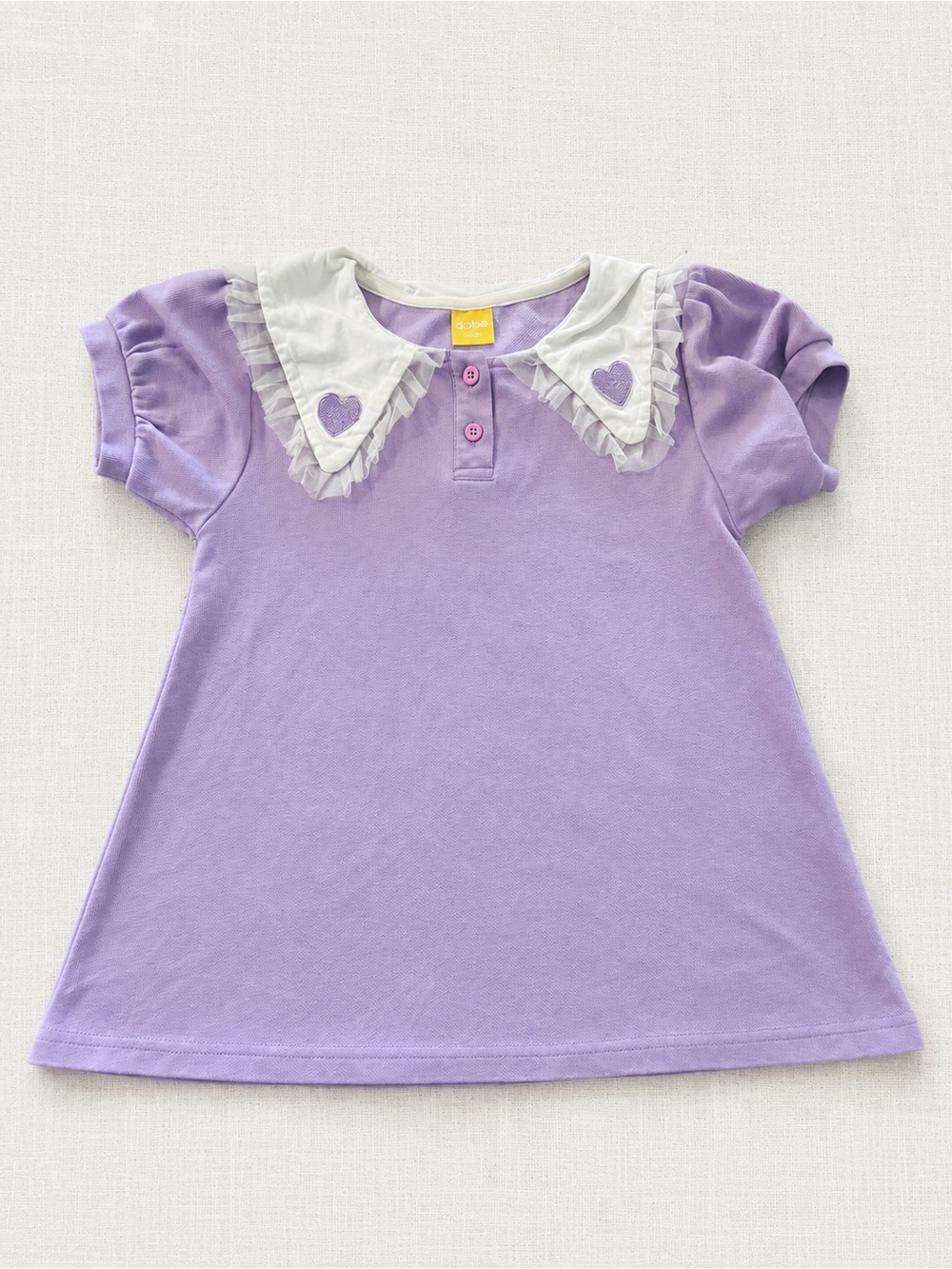Girls' Lavender Puff Sleeve Top with Ruffled Heart Collar